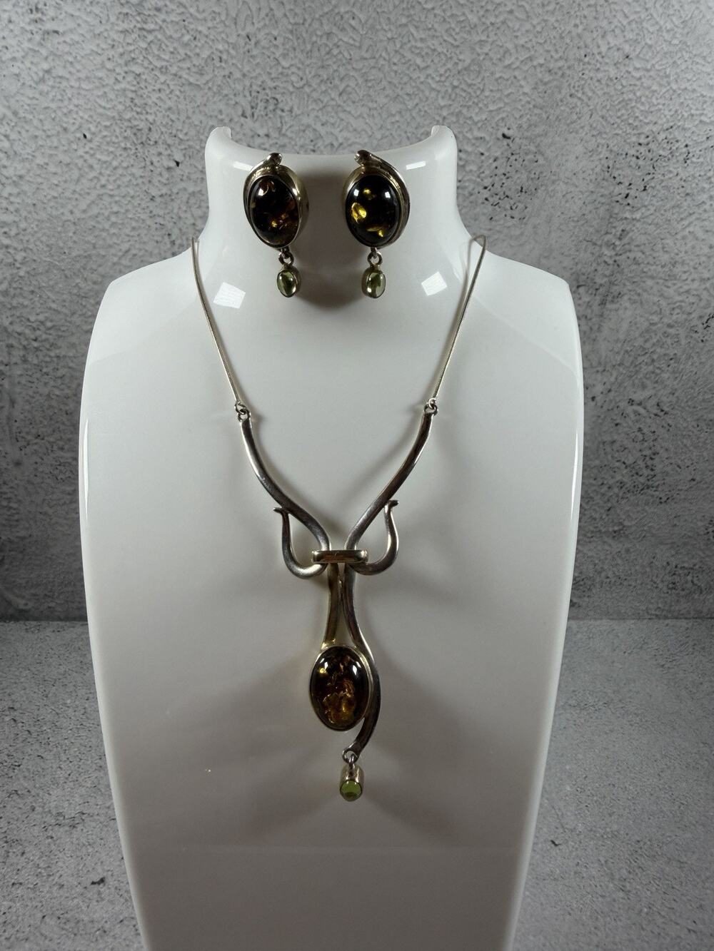 Vintage Sterling Silver Baltic Amber & Green Accent Stone Necklace and Earrings
